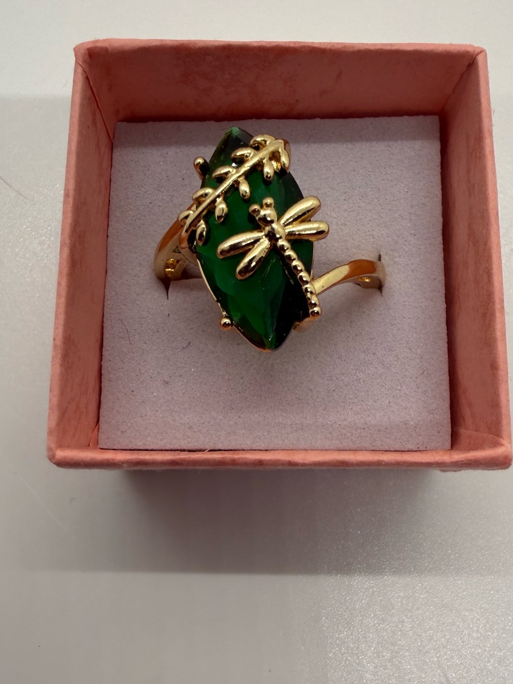 Gold Dragonfly Ring with Green Gemstone